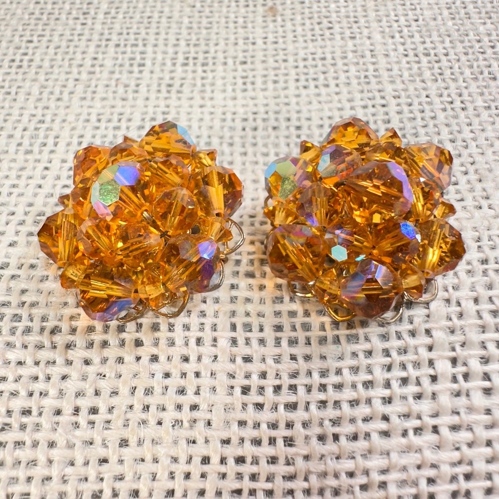 Vintage Amber AB Crystal Cluster Clip On Earrings Silver Tone Filigree Statement